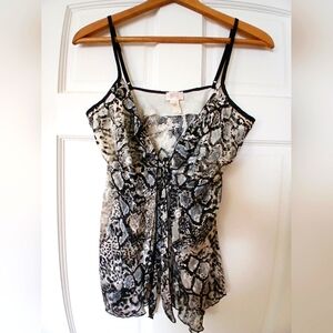 New. Open Front With Tie 70% Silk, Lingerie Top Black White Grey Ani.al Print